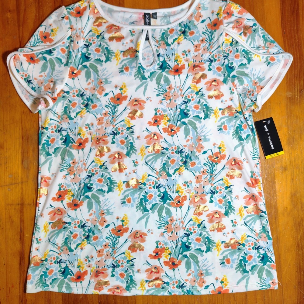 Zoe + Phoebe Floral Print Top Short Sleeve Womens Size M‎ stretchy spring new
